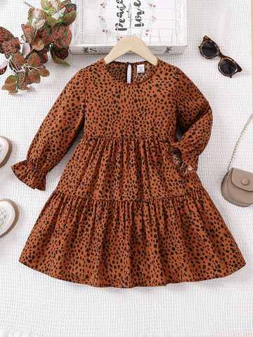 Cute Young Girl Dalmatian Print Flounce Sleeve Ruffle Hem Dress,Comfortable & Versatile ,School, Home, Vacation