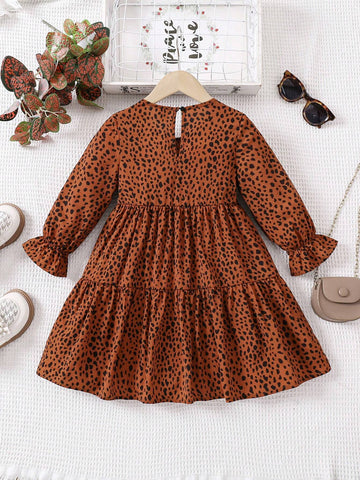 Cute Young Girl Dalmatian Print Flounce Sleeve Ruffle Hem Dress,Comfortable & Versatile ,School, Home, Vacation