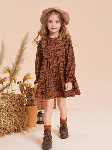 Cute Young Girl Dalmatian Print Flounce Sleeve Ruffle Hem Dress,Comfortable & Versatile ,School, Home, Vacation