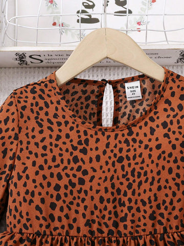 Cute Young Girl Dalmatian Print Flounce Sleeve Ruffle Hem Dress,Comfortable & Versatile ,School, Home, Vacation