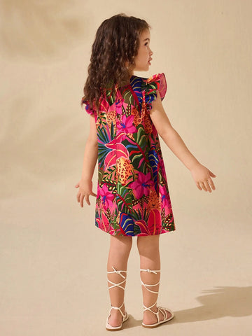 Cute Young Girl Floral Print Cap Sleeve Summer Holiday Dress