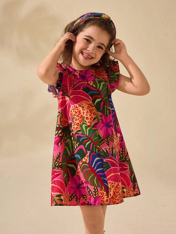 Cute Young Girl Floral Print Cap Sleeve Summer Holiday Dress