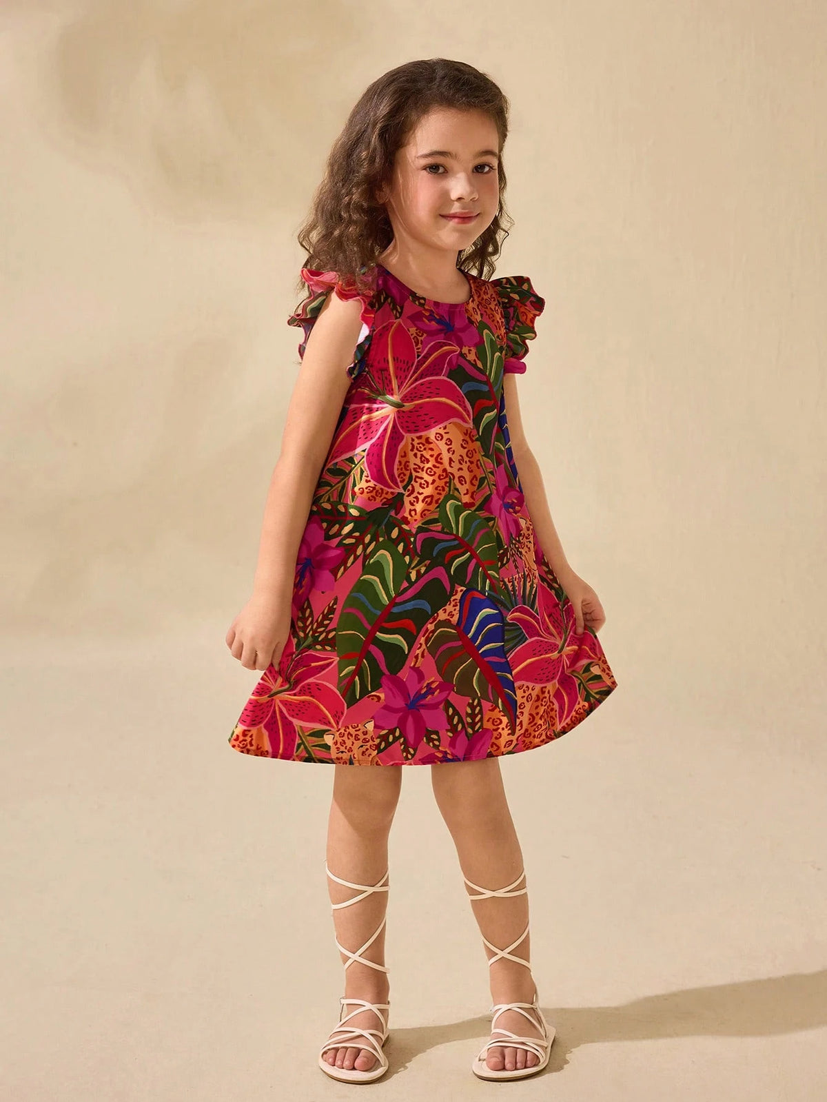 Cute Young Girl Floral Print Cap Sleeve Summer Holiday Dress