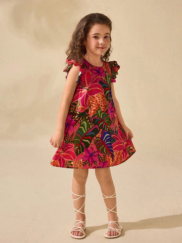 Cute Young Girl Floral Print Cap Sleeve Summer Holiday Dress