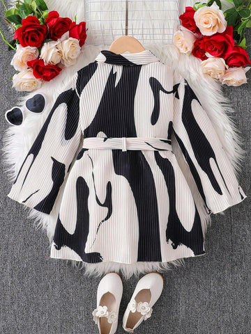 Cute Young Girl Loose Fit Pleated Long Sleeve Belted Dress With Fun Patterns, Allover Print Belted Shirt Dress