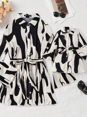 Cute Young Girl Loose Fit Pleated Long Sleeve Belted Dress With Fun Patterns, Allover Print Belted Shirt Dress