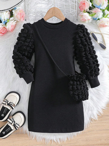 Cute Young Girl Puff Sleeve Round Neck Knitted Rib Stretch Sweater Dress