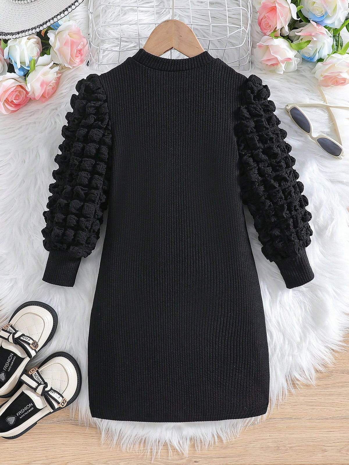 Cute Young Girl Puff Sleeve Round Neck Knitted Rib Stretch Sweater Dress