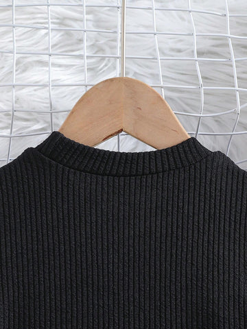 Cute Young Girl Puff Sleeve Round Neck Knitted Rib Stretch Sweater Dress