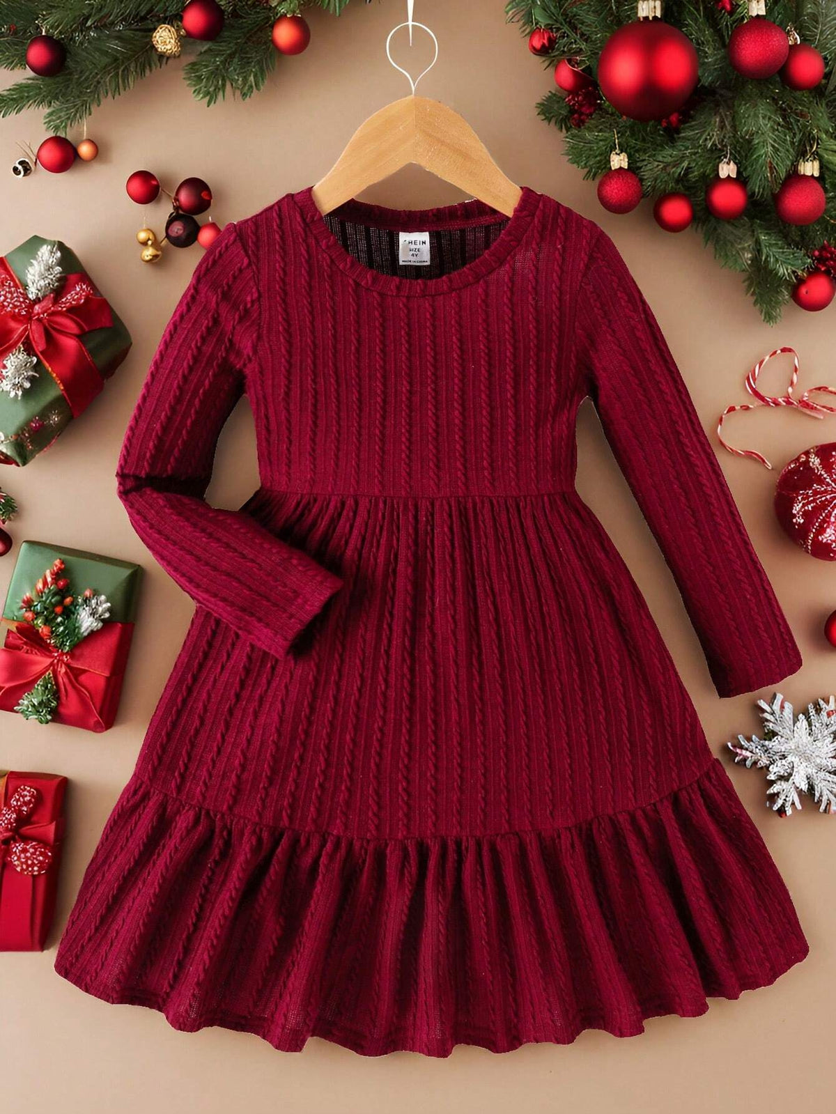 Cute Young Girl Solid Ruffle Hem Knit Dress, Cake Dress, Comfortable & Versatile, School, Home, Vacation, And Travel