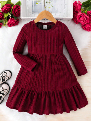 Cute Young Girl Solid Ruffle Hem Knit Dress, Cake Dress, Comfortable & Versatile, School, Home, Vacation, And Travel