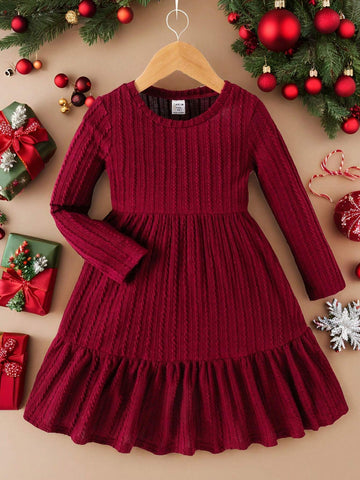 Cute Young Girl Solid Ruffle Hem Knit Dress, Cake Dress, Comfortable & Versatile, School, Home, Vacation, And Travel