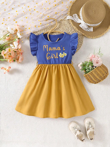 Cute Young Girl's Cap Sleeve Casual Dress With Letter And Floral Print, Spring/Summer