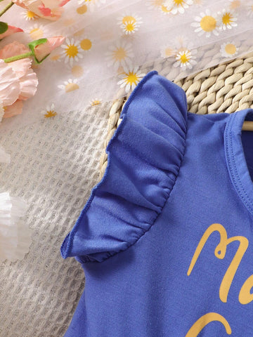 Cute Young Girl's Cap Sleeve Casual Dress With Letter And Floral Print, Spring/Summer