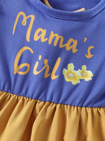 Cute Young Girl's Cap Sleeve Casual Dress With Letter And Floral Print, Spring/Summer