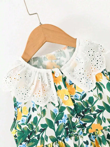 Cuts Girls Fashion Print Doll Lace Collar Dress Summber