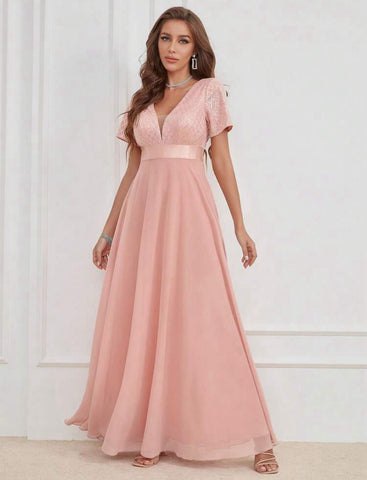 LUNE Contrast Sequin Mesh Panel Chiffon Party Dress