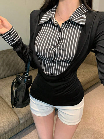 DAZY 1pc Autumn/Winter Casual Striped Patchwork Slim Fit Shirt Look-Alike