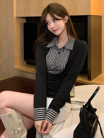 DAZY 1pc Autumn/Winter Casual Striped Patchwork Slim Fit Shirt Look-Alike