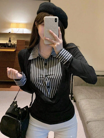 DAZY 1pc Autumn/Winter Casual Striped Patchwork Slim Fit Shirt Look-Alike