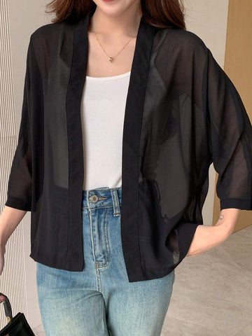 DAZY 1pc Solid Color See-Through Batwing Sleeve Elegant Work Wear Long Sleeve Blouse