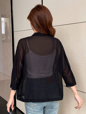 DAZY 1pc Solid Color See-Through Batwing Sleeve Elegant Work Wear Long Sleeve Blouse