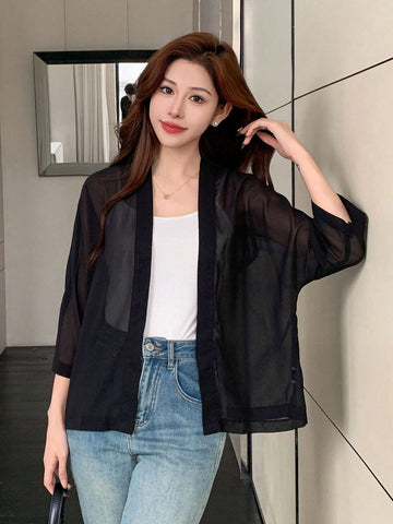DAZY 1pc Solid Color See-Through Batwing Sleeve Elegant Work Wear Long Sleeve Blouse
