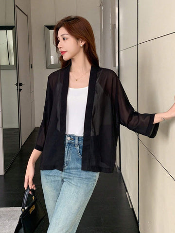 DAZY 1pc Solid Color See-Through Batwing Sleeve Elegant Work Wear Long Sleeve Blouse