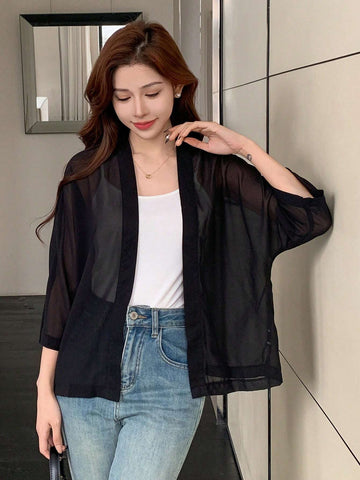 DAZY 1pc Solid Color See-Through Batwing Sleeve Elegant Work Wear Long Sleeve Blouse
