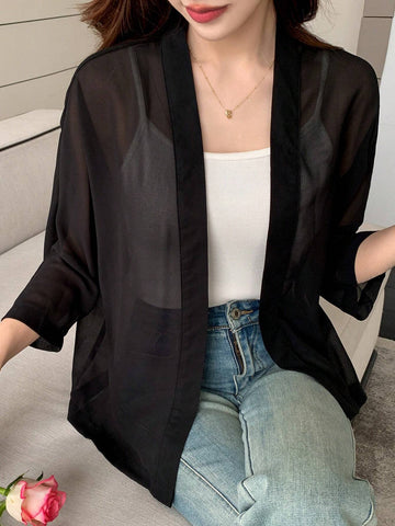 DAZY 1pc Solid Color See-Through Batwing Sleeve Elegant Work Wear Long Sleeve Blouse
