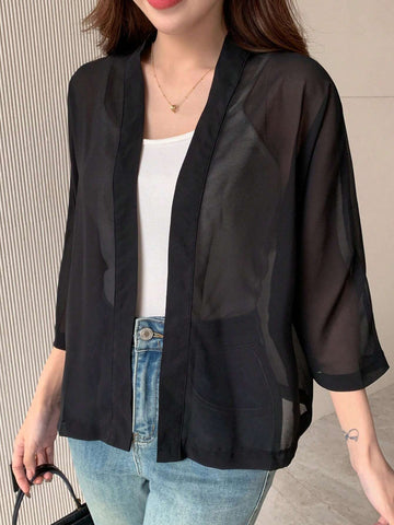 DAZY 1pc Solid Color See-Through Batwing Sleeve Elegant Work Wear Long Sleeve Blouse