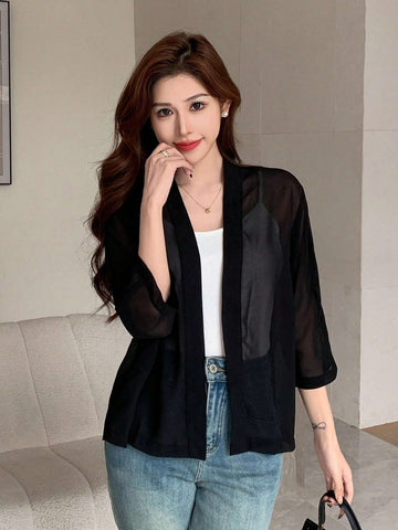 DAZY 1pc Solid Color See-Through Batwing Sleeve Elegant Work Wear Long Sleeve Blouse