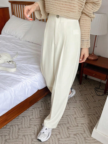 1pc Women Casual Solid Color Straight Leg Zipper Stretch Pants