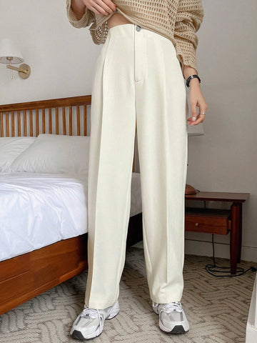 1pc Women Casual Solid Color Straight Leg Zipper Stretch Pants
