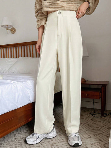1pc Women Casual Solid Color Straight Leg Zipper Stretch Pants