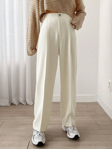 1pc Women Casual Solid Color Straight Leg Zipper Stretch Pants