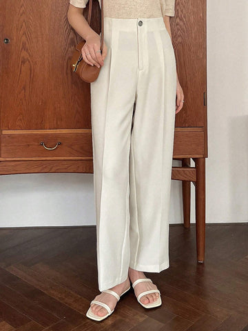 1pc Women Casual Solid Color Straight Leg Zipper Stretch Pants