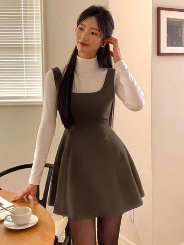 DAZY 1pc Women Casual Solid Color Waisted Flare Hem Short Dress, Without T-Shirt