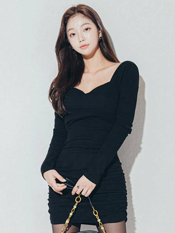 DAZY 1pc Women Elegant Solid Color Ruched Bodycon Mini Dress, Autumn/Winter