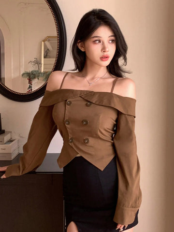 DAZY 1pc Women Off-The-Shoulder Cropped Buttoned Camisole Shirt