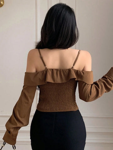 DAZY 1pc Women Off-The-Shoulder Cropped Buttoned Camisole Shirt