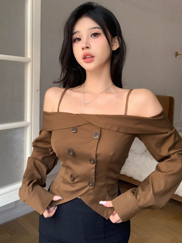 DAZY 1pc Women Off-The-Shoulder Cropped Buttoned Camisole Shirt