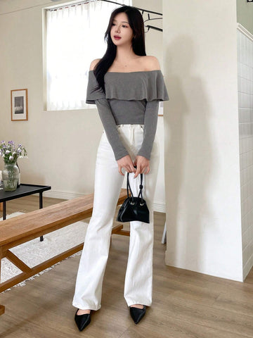 1pc Women Off The Shoulder Ruffled Solid Color Thickened Long Sleeve T-Shirt