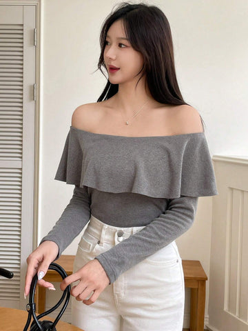 1pc Women Off The Shoulder Ruffled Solid Color Thickened Long Sleeve T-Shirt