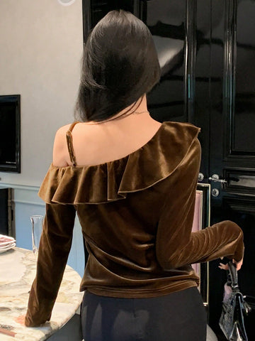 1pc Women Solid Color Ruffle Trim Ruffle Long Sleeve Velvet Blouse