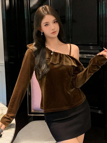 1pc Women Solid Color Ruffle Trim Ruffle Long Sleeve Velvet Blouse