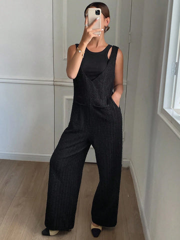 DAZY 1pc Women's Solid Color Jumpsuit Textured V-Neck Sleeveless Jumpsuit
