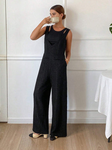 DAZY 1pc Women's Solid Color Jumpsuit Textured V-Neck Sleeveless Jumpsuit