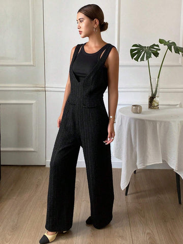 DAZY 1pc Women's Solid Color Jumpsuit Textured V-Neck Sleeveless Jumpsuit