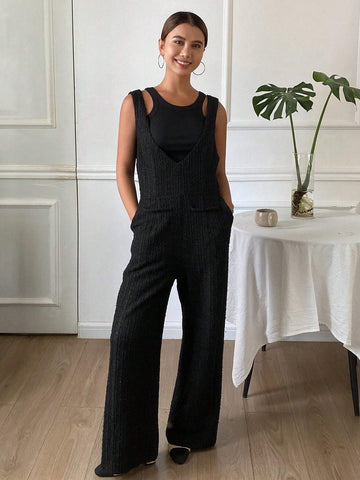 DAZY 1pc Women's Solid Color Jumpsuit Textured V-Neck Sleeveless Jumpsuit